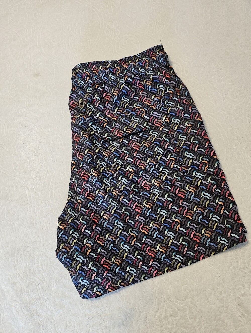 Jared Lang Men's Swim Trunks M Medium Black Multi Color Mustache Rainbow Mesh